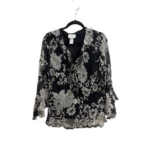 Blouse Floral Whimsigoth Worthington‎ Women XL Silk Flutter Sleeve Tie Front